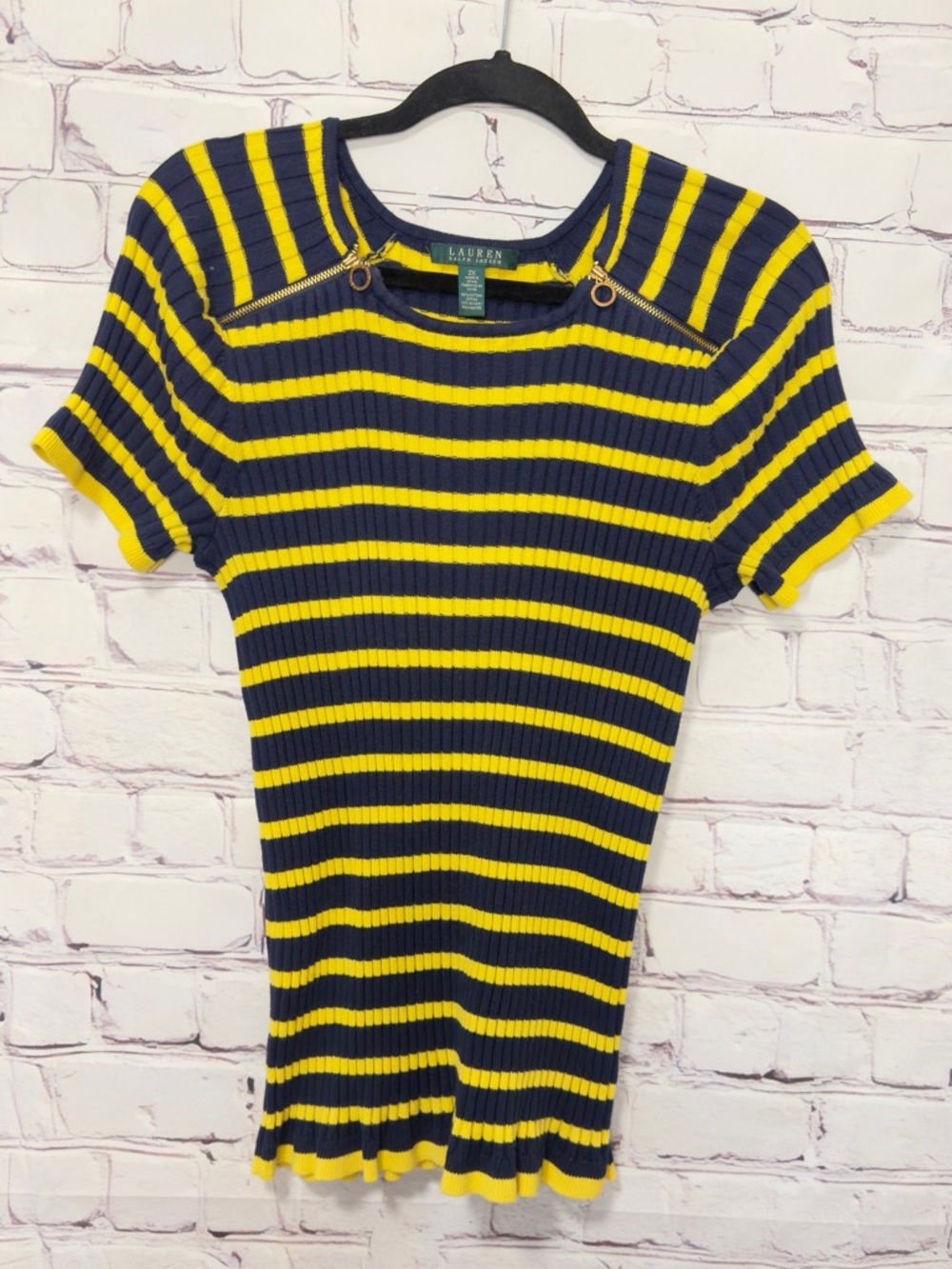 LAUREN RALPH LAUREN PULLOVER SCOOP NECK SHORT SLEEVE STRIPE TOP YELLOW BLUE 2X